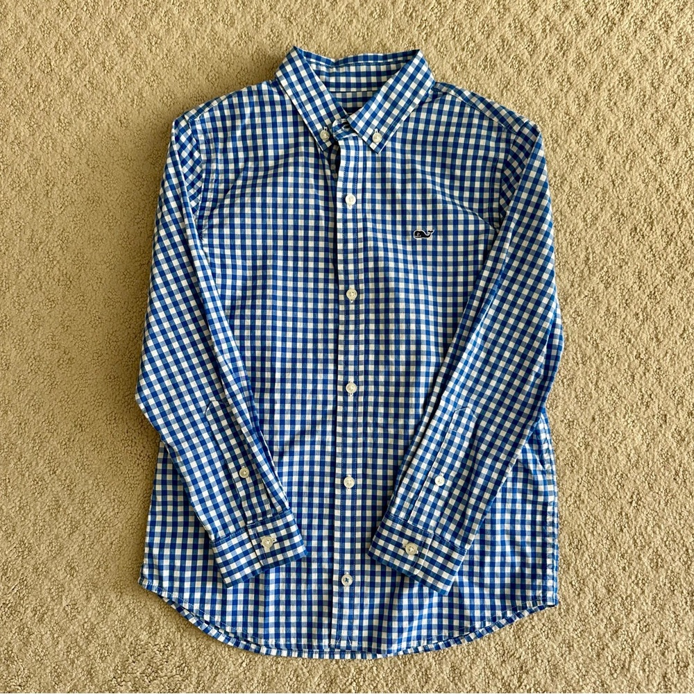 Vineyard Vines Boys Whale Blue Gingham Button-Down Shirt - Boys Size 7